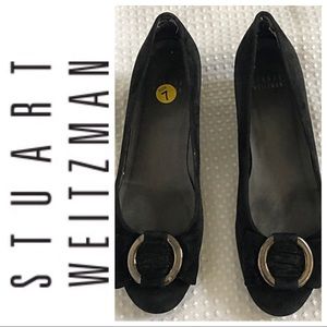 Stuart Weitzman low wedge black suede shoes Sz 7